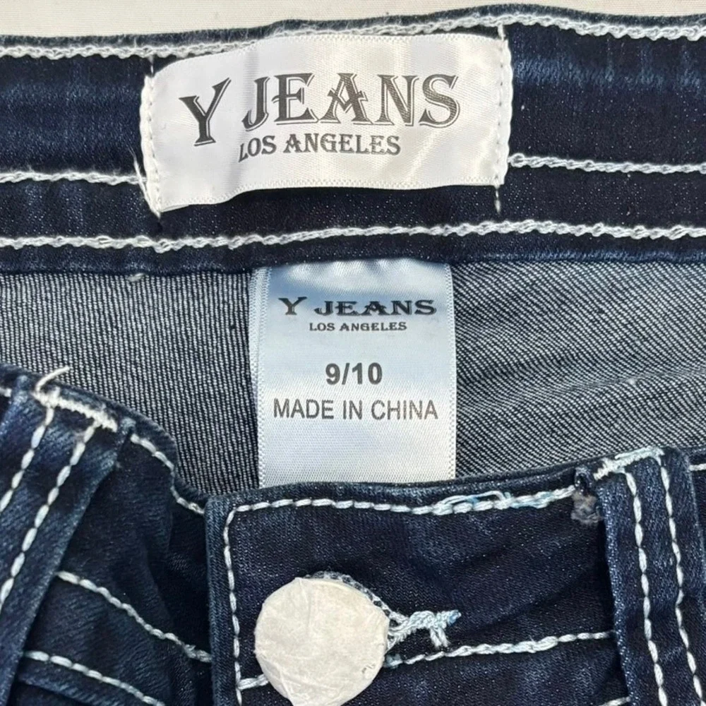 Y Jeans Los Angeles Straight Leg Jeans Womens 9/10 Dark‎ Wash Embroidered Bling